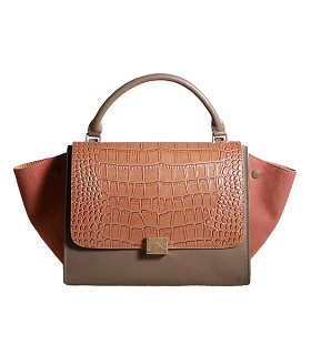 Celine Light Coffee Croc VeinsKhaki Imported Leather With Camel Suede Leather Stamped Trapeze Bag
