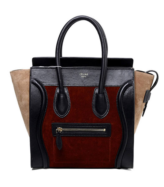 Celine Mini 26cm Small Tote Bag Wine RedLight Coffee Suede With Black Imported Leather