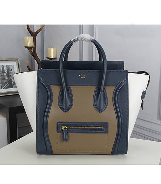 Celine Mini 30cm Classic Tote Bag Dark Blue&White&Khaki Leather