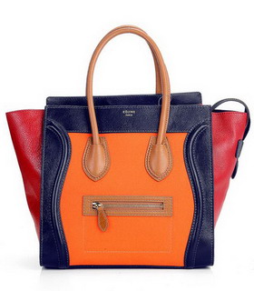 Celine Mini 30cm Dark Blue Leather Medium Tote Bag With Orange Fabric