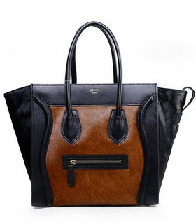 Celine Mini 30cm Light Coffee Tote Bag Horsehair With Black Imported Leather