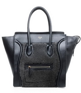 Celine Mini 30cm Tote Bag Black Wool Leather With Black Leather