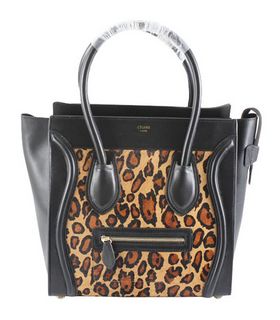Celine Mini 33cm Large Tote Bag Apricot Leopard Pattern Leather With Black Calfskin