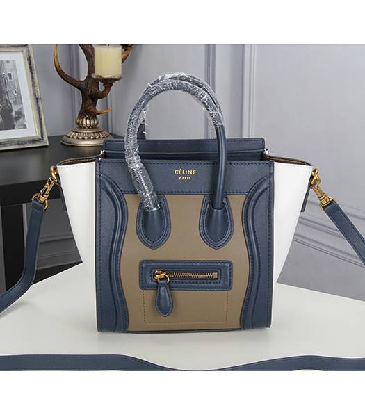 Celine Nano 20cm Small Dark Blue&Khaki&White Leather Tote Bag