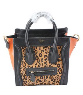 Celine Nano 20cm Small Tote Bag Apricot Leopard Pattern Leather With Black Calfskin