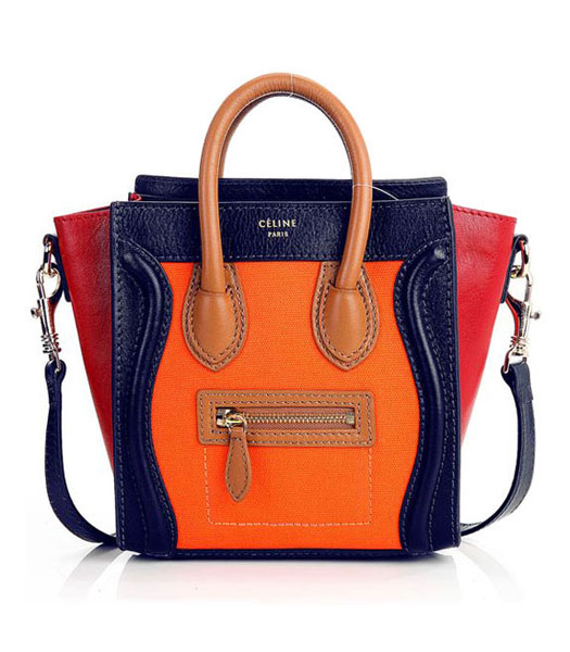 Celine Nano 20cm Small Tote Bag Orange Fabric With Dark BlueDark Red Imported Leather
