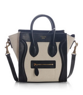 Celine Nano 20cm Small Tote Handbag Black Calfskin Leather With White Linen