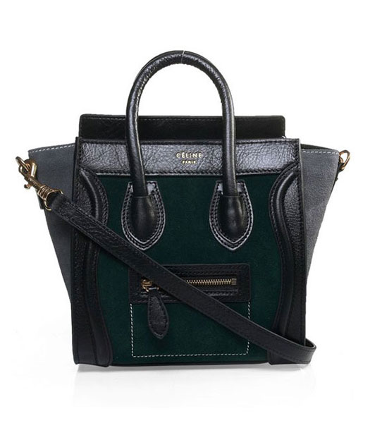 Celine Nano 20cm Small Tote Handbag GreenKhaki Suede With Black Imported Leather
