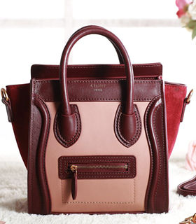 Celine Nano 20cm Small Tote Handbag Pink/Wine Red Leather With Dark Red Suede