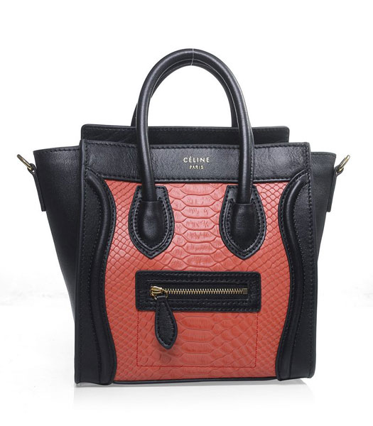 Celine Nano 20cm Small Tote Handbag Red Snake Veins With Black Original Leather