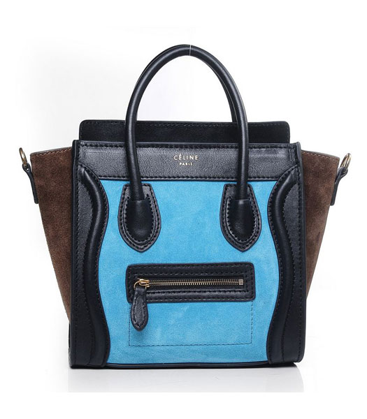 Celine Nano 20cm Small Tote Handbag Sky Blue/Dark Green Suede With Black Original Leather