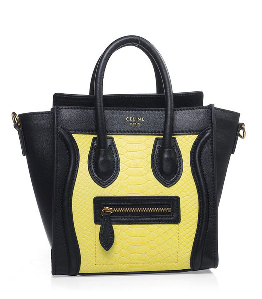 Celine Nano 20cm Small Tote Handbag Yellow Snake Veins With Black Original Leather