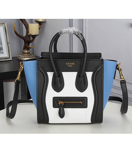 Celine Nano 20cm Small White&Blue&Black Leather Tote Bag