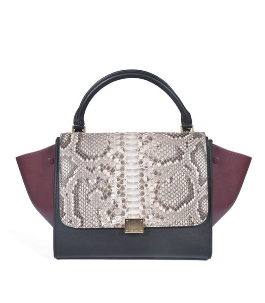 Celine Offwhite Snake Veins Leather With Black/Wine Red Original Leather Stamped Trapeze Bag