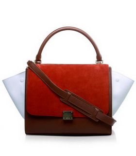 Celine Red SuedeLight Coffee Imported Leather Stamped Trapeze Bag