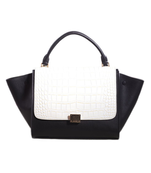 Celine White Croc Veins with Black Original Leather Stamped Trapeze Bag