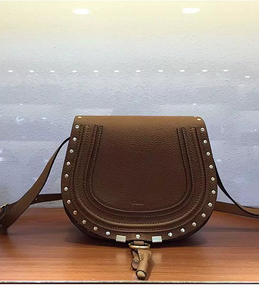 Chloe Brown Calfskin Leather Litchi Veins Rivet Shoulder Bag