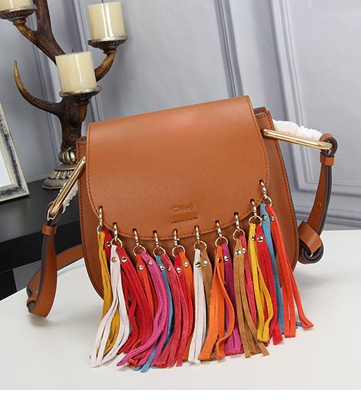 Chloe Colorful Fringed Light Coffee Leather Shoulder Bag