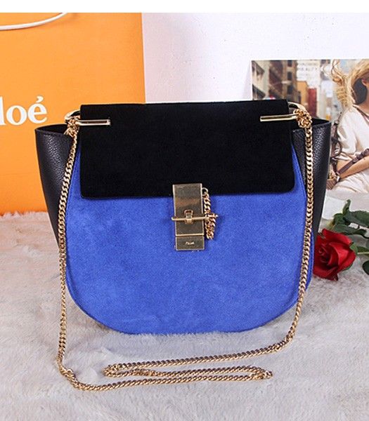 Chloe Drew Medium Bags Black/Sapphire Blue Suede Leather Golden Chain