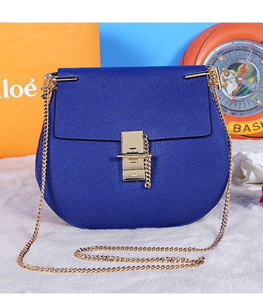 Chloe Drew Medium Bags Sapphire Blue Leather Golden Chain