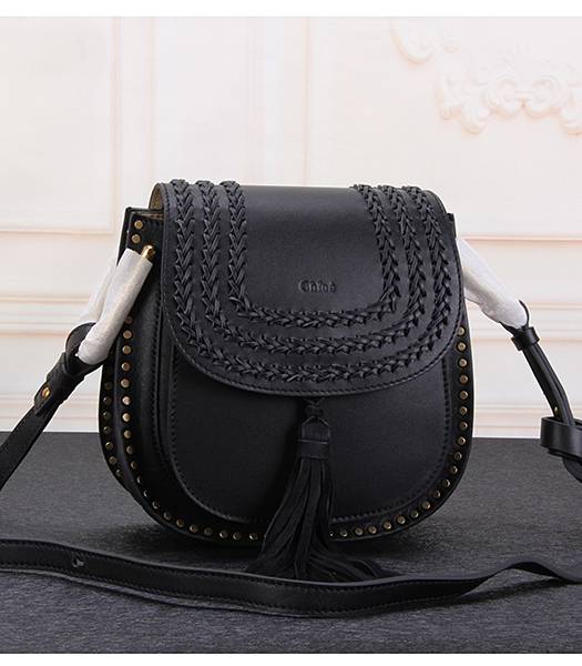 Chloe Fringed Black Leather Rivets Decorative Shoulder Bag