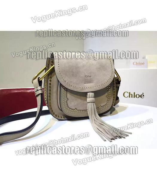 Chloe Fringed Grey Leather Golden Rivets Shoulder Bag-1