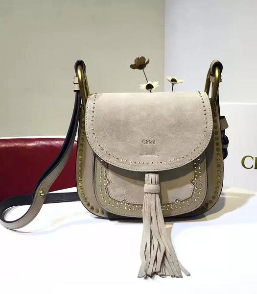 Chloe Fringed Grey Leather Golden Rivets Shoulder Bag