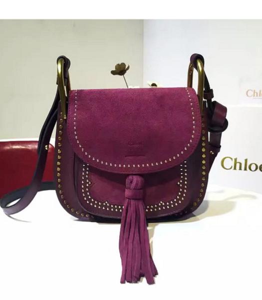 Chloe Fringed Purple Leather Golden Rivets Shoulder Bag