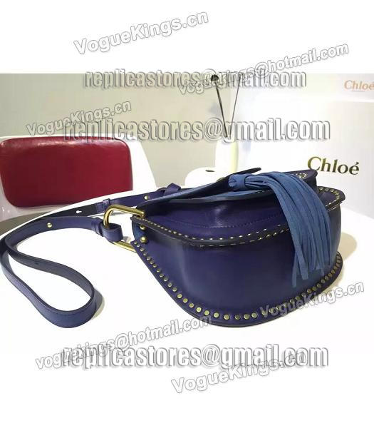 Chloe Fringed Sapphire Blue Leather Golden Rivets Shoulder Bag-3