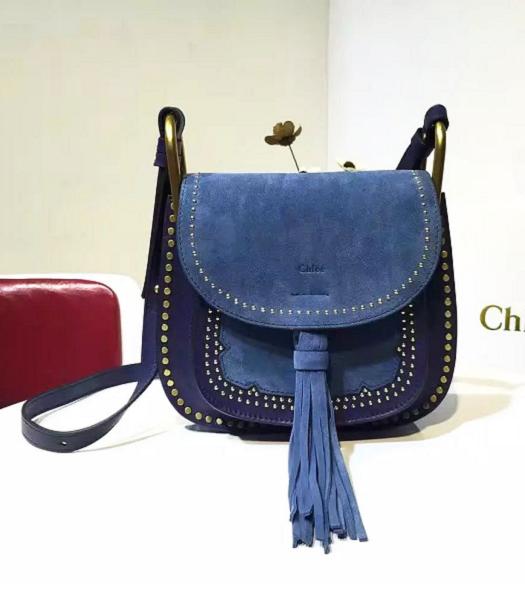 Chloe Fringed Sapphire Blue Leather Golden Rivets Shoulder Bag