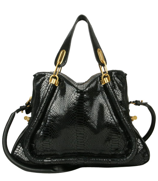 Chloe Paraty GM Handbag Black Snake Veins Pattern Leather