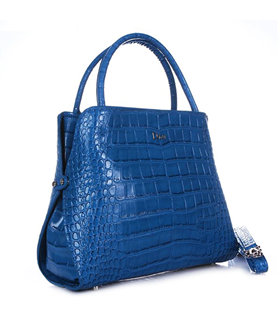 Christian Dior Blue Croc Veins Leather Tote Bag
