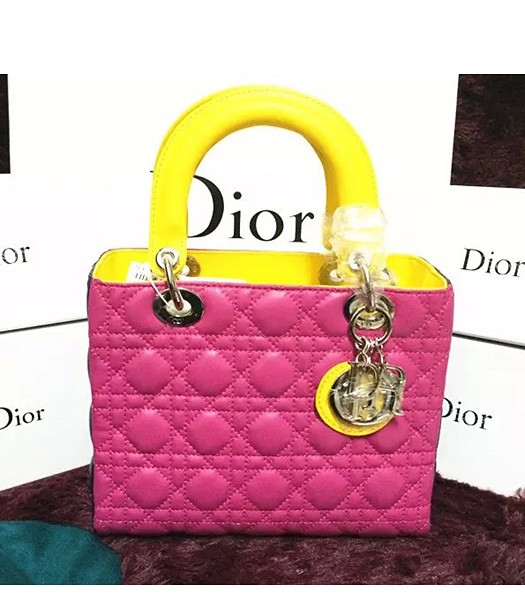 Christian Dior Lambskin Leather 24cm Tote Bag Black/Rose Red/Yellow