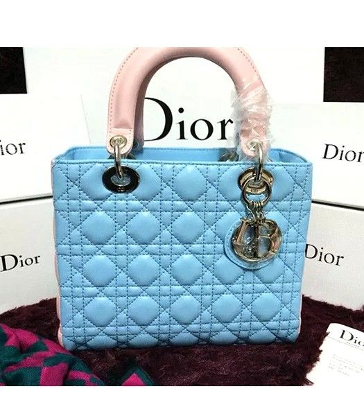 Christian Dior Lambskin Leather 24cm Tote Bag Ice Blue/Pink