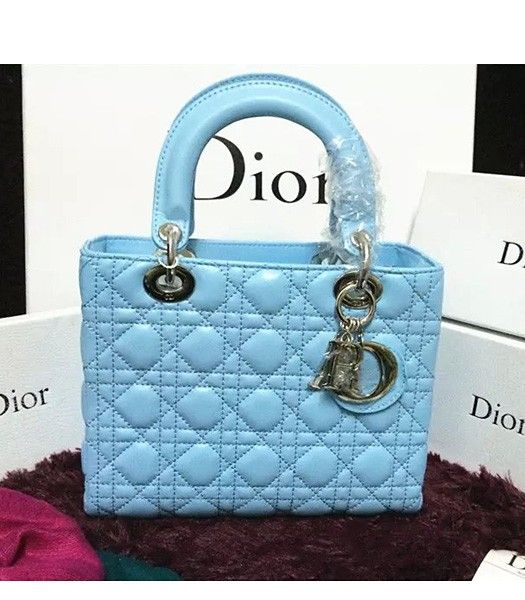 Christian Dior Lambskin Leather 24cm Tote Bag Ice Blue Silver Metal