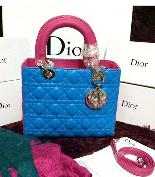 Christian Dior Lambskin Leather 24cm Tote Bag Peach Red/Blue