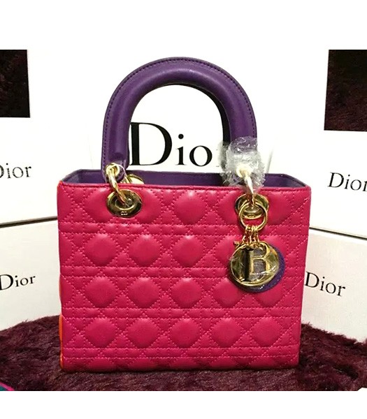 Christian Dior Lambskin Leather 24cm Tote Bag Rose Red/Orange/Purple