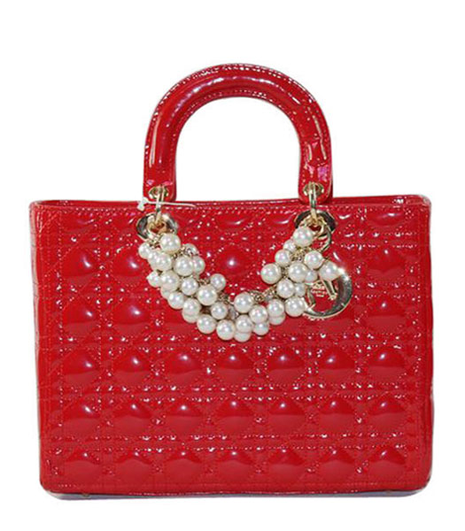 Christian Dior Large Red Patent Leather Tote With Golden Chain And Pearl 