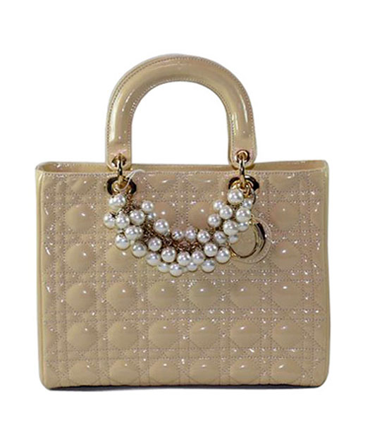 Christian Dior Medium Apricot Patent Leather Tote With Golden Chain And Pearl