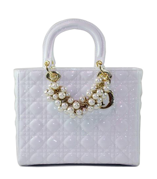 Christian Dior Medium White Patent Leather Tote With Golden Chain And Pearl