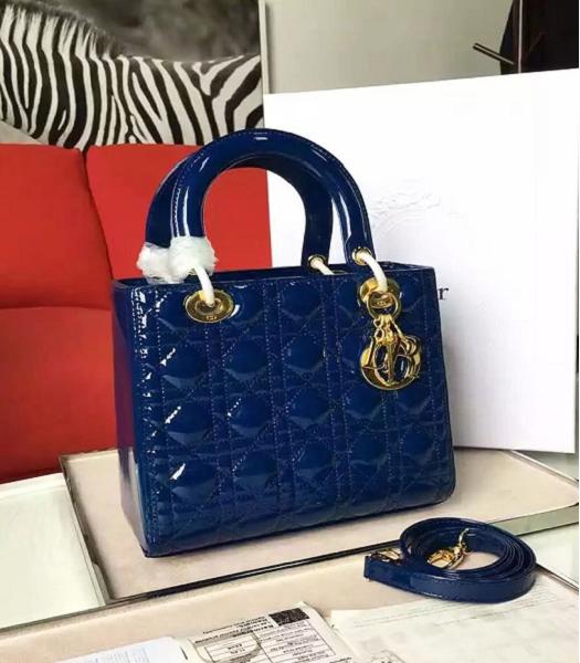 Christian Dior Sapphire Blue Original Patent Leather Tote Bag Golden Metal