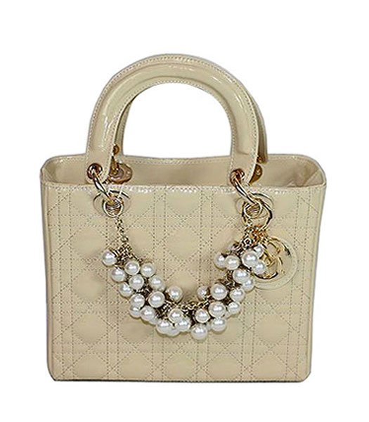 Christian Dior Small Apricot Patent Leather Tote With Golden Chain And Pearl