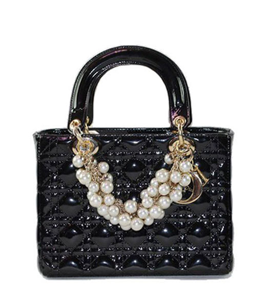 Christian Dior Small Black Patent Leather Tote With Golden Chain And Pearl 