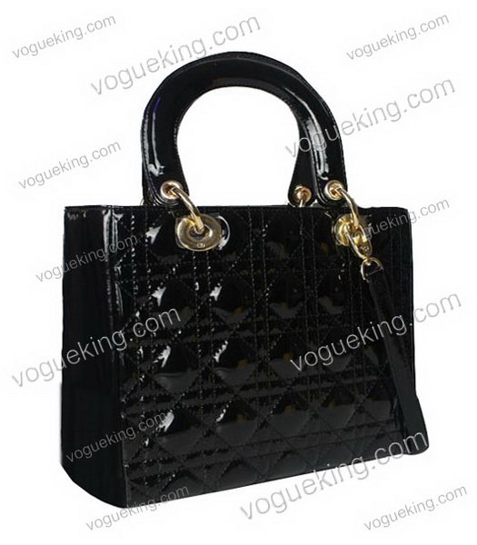 Christian Dior Small Lady Cannage Golden D Tote Bag Black Patent Leather-1