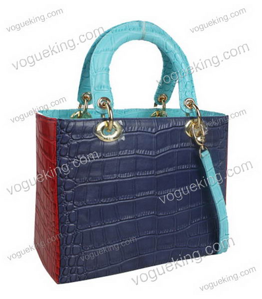 Christian Dior Small Lady Cannage Golden D Tote Bag Blue Croc Calfskin Leather With Green Handle-1