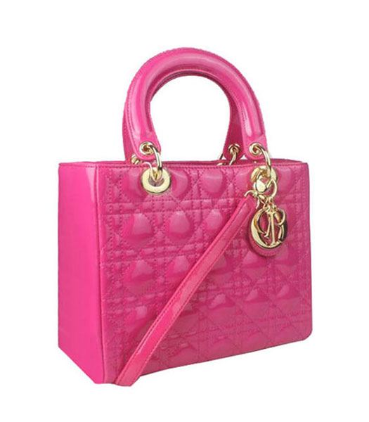 Christian Dior Small Lady Cannage Golden D Tote Bag Fuchsia Patent Leather