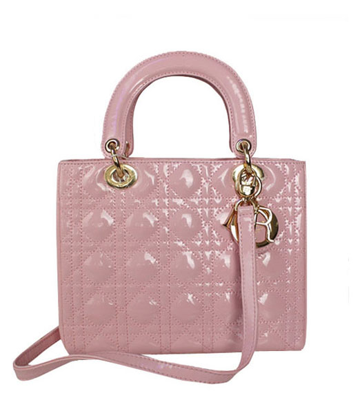 Christian Dior Small Lady Cannage Golden D Tote Bag Pink Patent Leather