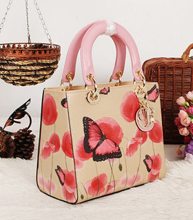 Christian Dior Small Lady Cannage Golden D Tote Bag Sakura Pink Butterfly Pattern Leather