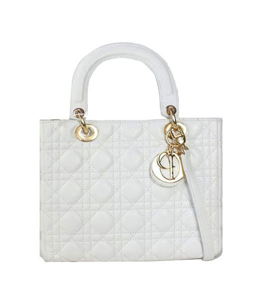 Christian Dior Small Lady Cannage Golden D Tote Bag White Lambskin Leather
