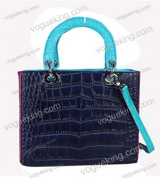 Christian Dior Small Lady Cannage Silver D Tote Bag Blue Croc Calfskin Leather With Green Handle-2